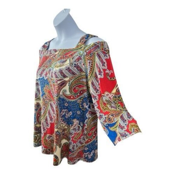 Chico’s Blue Multicolor Paisley Blouse Size 3 (XL/16) Cold-Shoulder Stretch - Picture 3 of 14